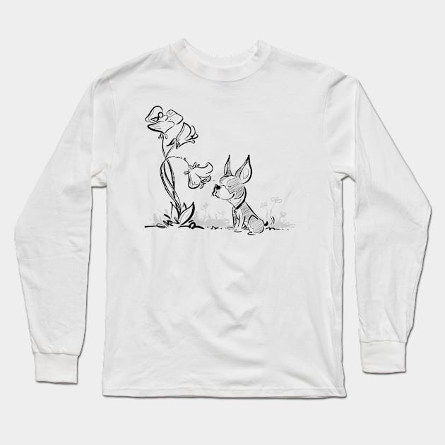 Boston Terrier Smelling Flowers (Light Version) Long Sleeve T-Shirt by Jason's Doodles